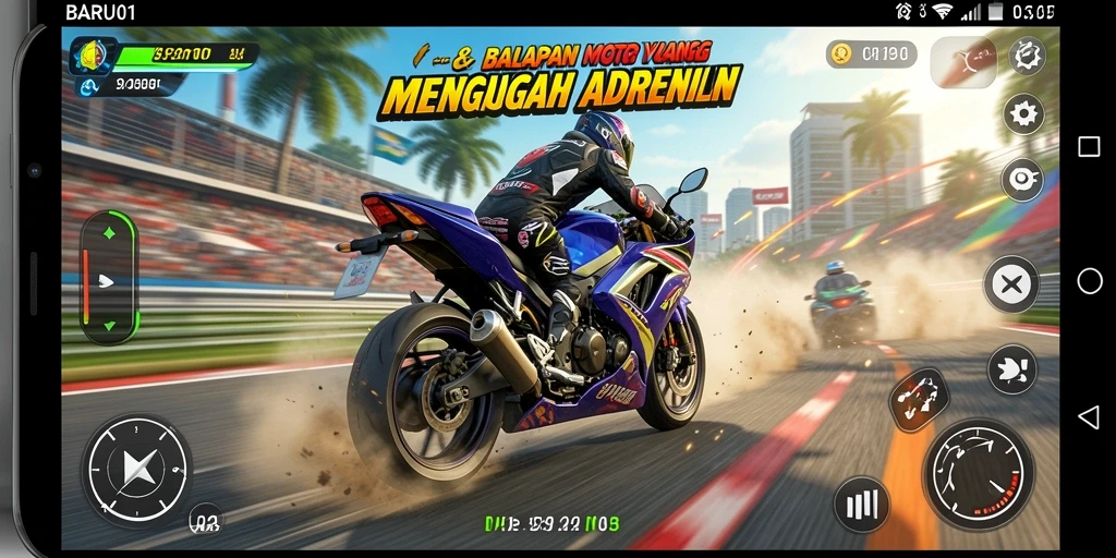 Tampilan gameplay BARU01 yang menarik dan menegangkan saat balapan.
