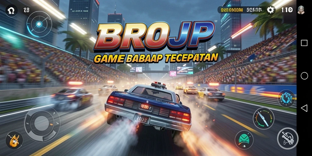 Tampilan gameplay BROJP yang menampilkan mobil balap dalam aksi.