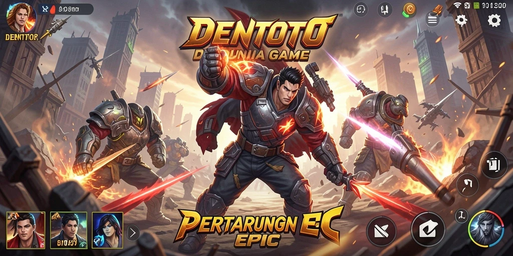 Screenshot utama DENTOTO menampilkan pertarungan intens antara karakter dengan latar yang dramatis.