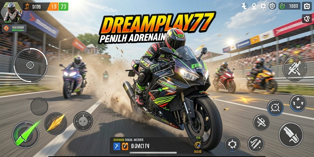 Screenshot gameplay DREAMPLAY77 menampilkan aksi balapan motor yang mendebarkan.