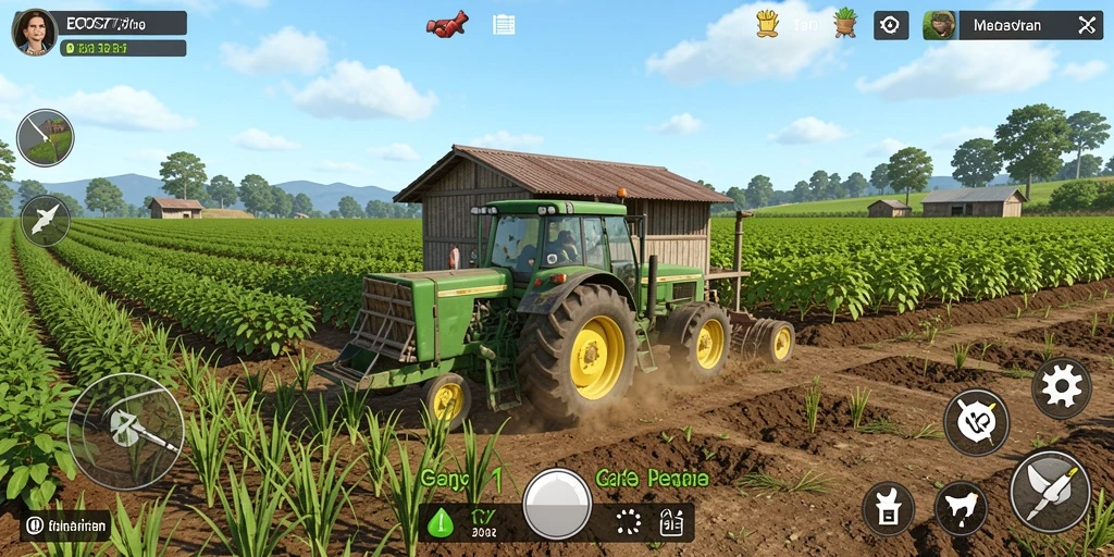 Screenshot gameplay <strong>EOS77</strong> yang menampilkan aktivitas bertani yang menyenangkan.