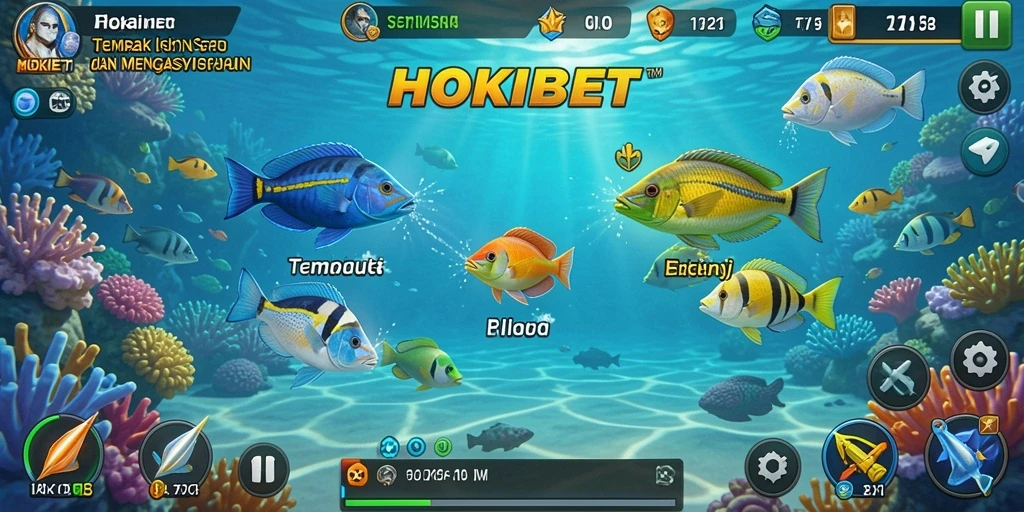 Tampilkan gameplay seru HOKIBET saat menangkap ikan berwarna-warni.