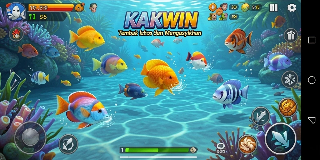 Gameplay seru KAKWIN dengan berbagai ikan dan senjata menarik.