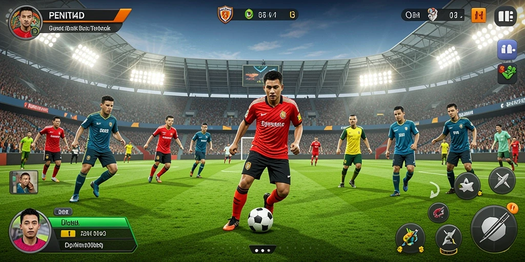 Tampilan gameplay dinamis di PENITI4D dengan aksi sepak bola yang mendebarkan.