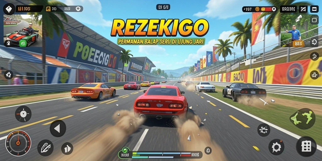 Gameplay balap seru di REZEKIGO dengan banyak kendaraan dan trek menantang.