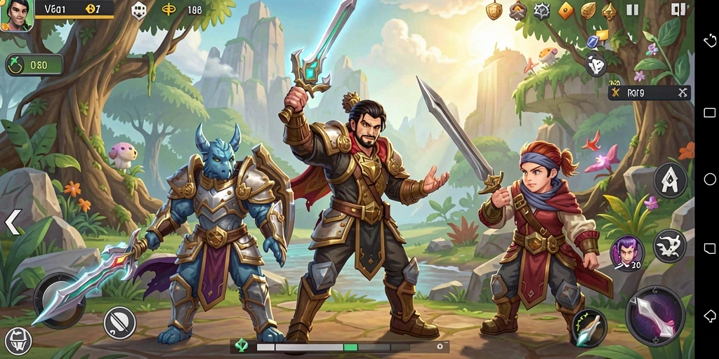 Screenshot V21 menampilkan pertarungan epik dan karakter yang berwarna-warni.